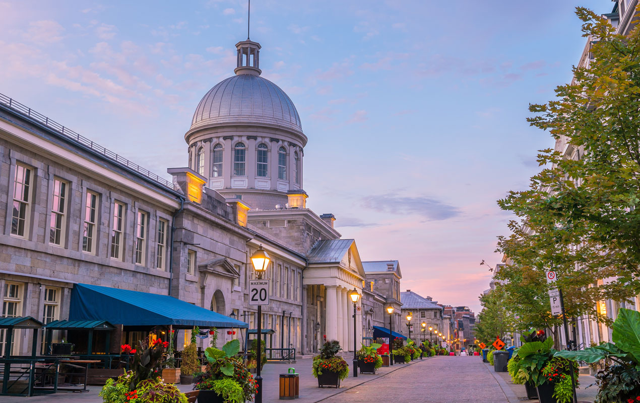 ld town Montreal at famous Cobbled streets at twilight in Canada